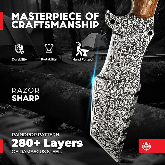 10.5” Handmade Damascus knife- Fixed Blade Hunting Knife with Sheath-Natural red wood Handle-Bushcraft knife-Survival Knife-Camping knife- Ideal For EDC, skinning, Camping, Outdoor-Best Hunting Knives For Men.