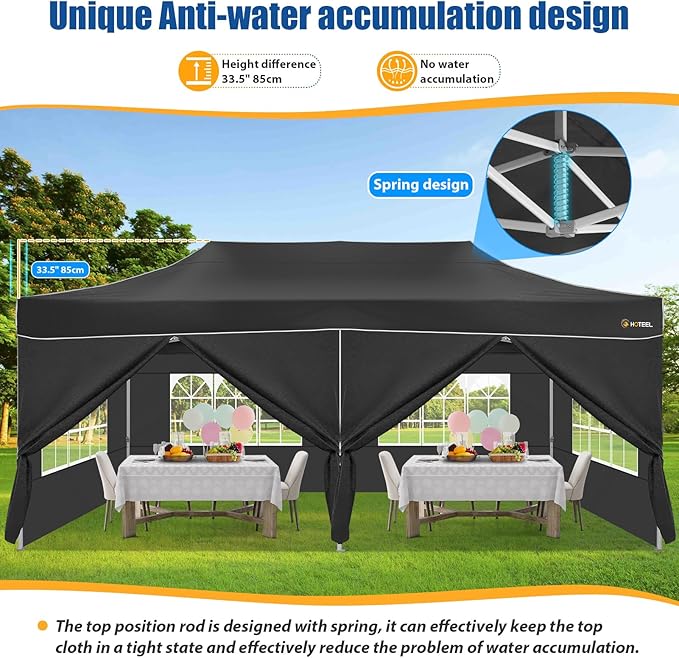 HOTEEL 10x20 Pop up Canopy Tent for Parties, Heavy Duty Easy Setup Tent with 6 Sidewalls, Outdoor Commercial Instant Gazebo for Wedding Event, with Roller Bag & Sand Bags, Black(Hexagonal Frame)