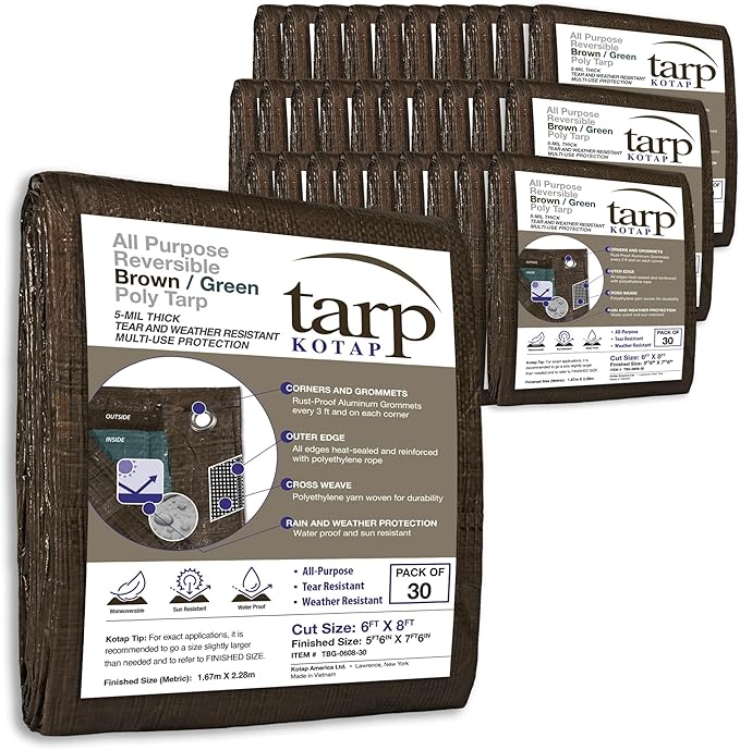 Kotap 6 x 8 Ft. All-Purpose Multi-Use Protection/Coverage 5-mil Poly Tarp, Reversible, Waterproof, Brown/Green, 30-Pack (TBG-0608-30)