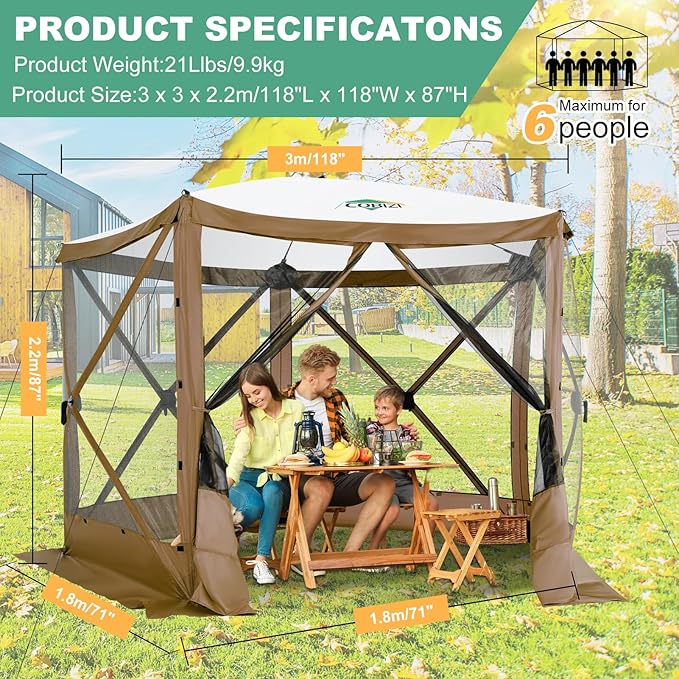COBIZI 10x10ft Pop up Gazebo Screen House Tent for Camping, Pop-up Camping Canopy with Mesh Windows,Portable Outdoor Quick-Set Hub Tent with Carrying Bag&Ground Stakes,Brown(Upgraded 2.0)