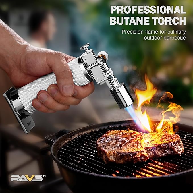 RAVS Butane Torch Lighter, Refillable Cooking Torch with Safety Lock and Adjustable Flame, Creme Brulee Torch for Baking, BBQ, White Mini Torch for Cooking, Gifts for Women, Butane Gas Not Included