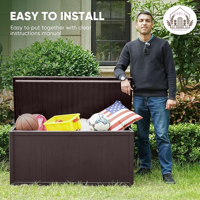 120 Gallon Outdoor Storage Box Large, Lockable Outside Containers Waterproof Patio Cushions Storage Deck Boxes, Plastic Garden Hose Boxes Resin Pool Storage Bins, Brown