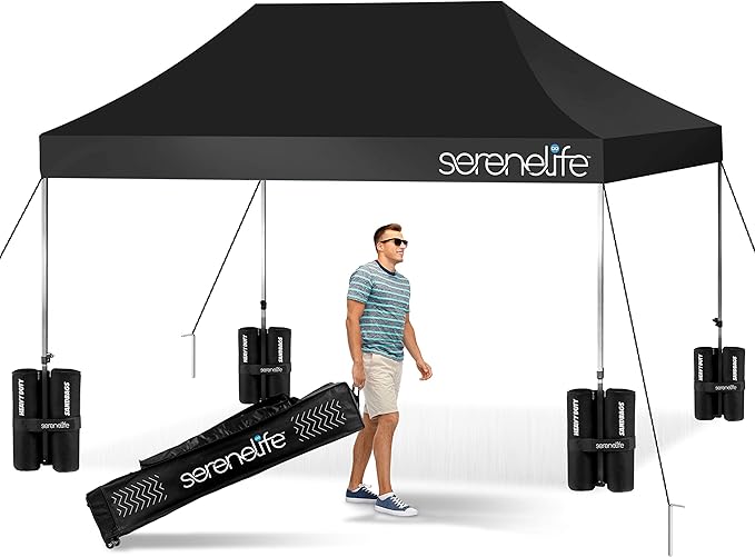 Pop Up Canopy Tent 10x15 - Commercial Instant Shelter Foldable/Collapsible Sun Shade Canopy Pop Up Tent w/Waterproof UV Resistant Tent Top, Portable Carry Bag & Sand Bag - SereneLife SLGZ15BL (Black)
