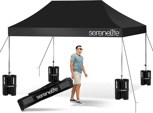 Pop Up Canopy Tent 10x15 - Commercial Instant Shelter Foldable/Collapsible Sun Shade Canopy Pop Up Tent w/Waterproof UV Resistant Tent Top, Portable Carry Bag & Sand Bag - SereneLife SLGZ15BL (Black)