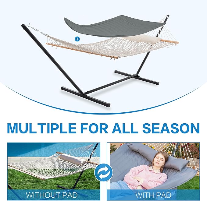 PNAEUT Double Hammock with Stand for Outside, Rope Hammocks with Polyester Pad 2 Person, 12ft Heavy Duty Stand, Extra Pillow, Storage Sidebag, Max 475 lbs Capacity (Gray)