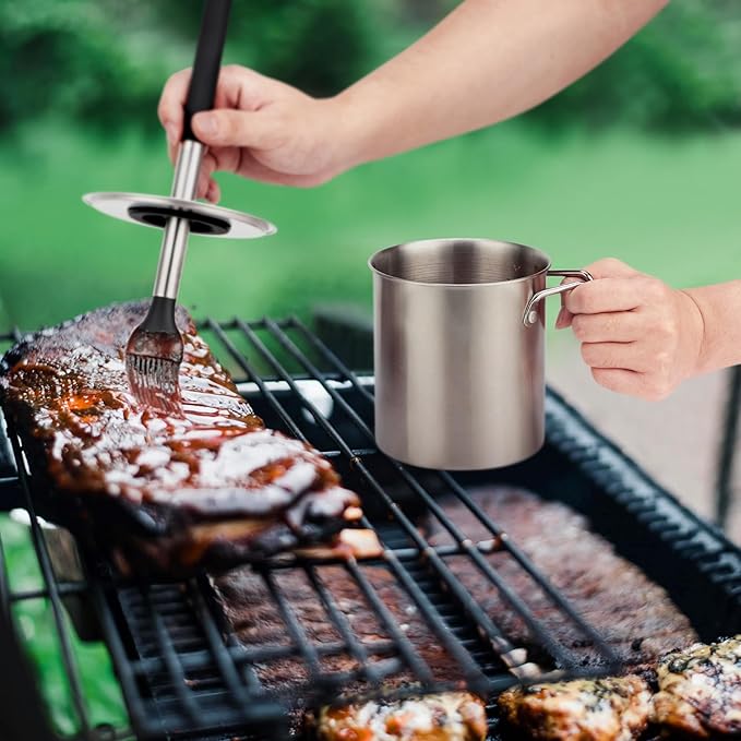 Geesta Adjustable Sauce Pot and Basting Brush Set, Long Stainless Steel Basting Brush for Cooking, Smoking, Fathers Day Grilling Gifts for Men Smoker Accessories, Large Capacity Grilling Tools, 1 Pack