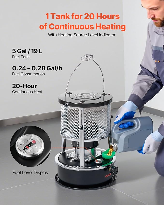 VEVOR 9000 BTU Portable Kerosene Heater & Stove, 2 in 1 Non-Electric Indoor Outdoor Heater with Adjustable Height & Flame & Easy Storage,for Camping, Hunting, Cooking, Home, Garage, Black