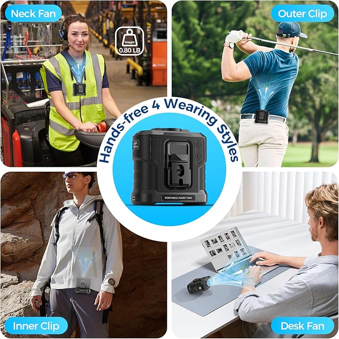 10000mAh Portable Waist Fan Rechargeable, 5 Speeds 16000RPM Brushless Motor Strong Airflow, Hands-Free Wearable Cooling Personal Shirt Belt Fan for Outdoor Jobsite, Camping, Travel
