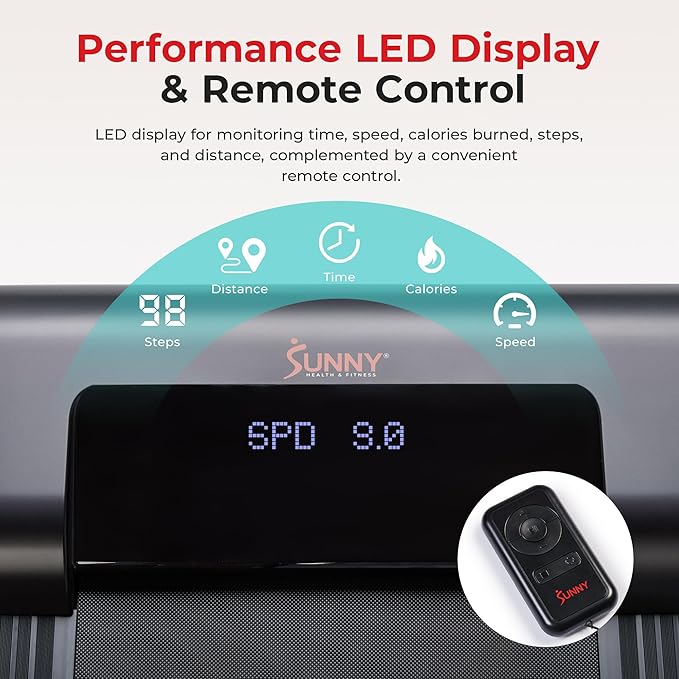 Sunny Health & Fitness Slim Under Desk Walking Compact Treadpad Treadmill with Remote Control, Digital Display, Shock Absorption, Optional Trekking Poles, Free SunnyFit App Bluetooth Connectivity