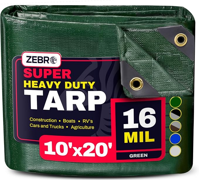 10' x 20' Green Heavy Duty Tarp with Grommets Reinforced - 16 Mil Thick - Double Sided Plastic Tarps Waterproof - Large Tarpaulin Cover for Outdoor Camping Over/Under Tent Tarp RV Roof Rain - Zebro