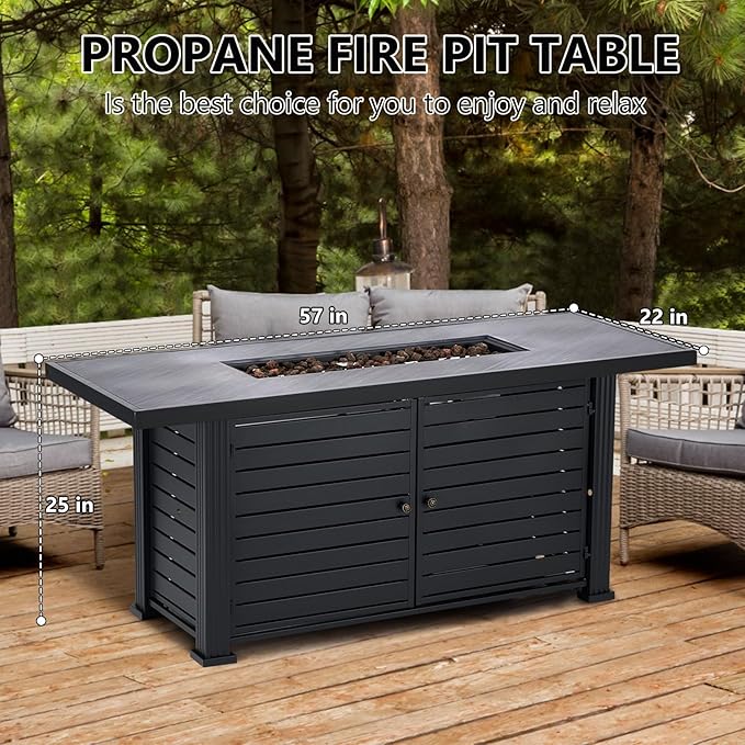 57 Inch Propane Fire Pit Table, 50000BTU Outdoor Gas Fire Pits Rectangular with Rain Cover, Sturdy Steel and Iron Fence Surface, CSA Safety Certified, Companion for Outside Patio Deck Garden