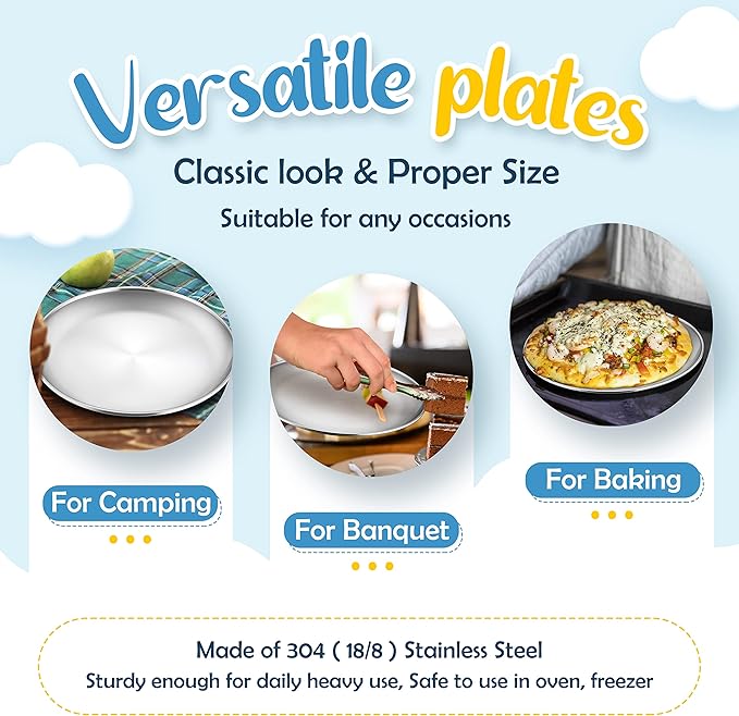 HaWare 6-Piece 18/8 Kids Plates, Stainless Steel 304 Dinner Dishes for Toddlers Children, 10 Inches Feeding Serving Camping Metal Plates, Reusable Dinnerware, Shatterproof & Non-toxic, Dishwasher Safe