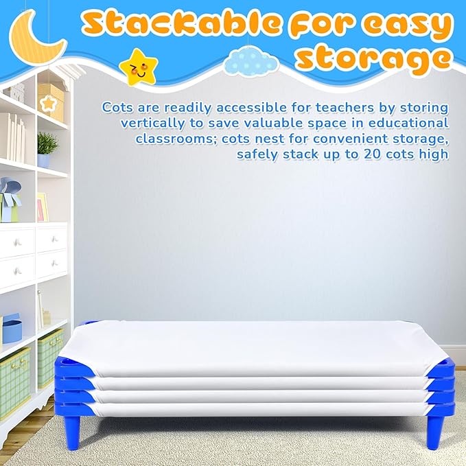 8 Pcs Stackable Daycare Cots for Kids with Sheets 54" l x 23" W T Kids Cots Furniture Bed Frames Headboards Footboards for Sleeping and Daycare (Blue)