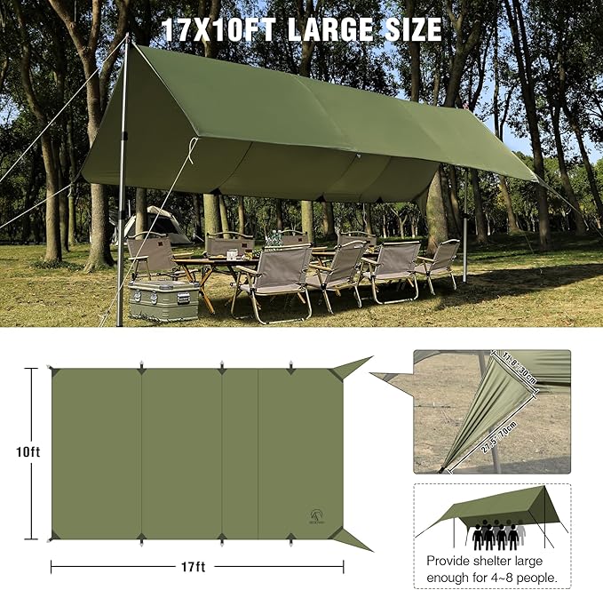 REDCAMP Large 10x17ft Waterproof Camping Tarp, Portable Hammock Rain Fly with 4 Collapsible Tarp Poles, 8 Guy Lines & Stakes, Backpacking Tent Shelter for Camping, Hiking, Beach (4 Poles)
