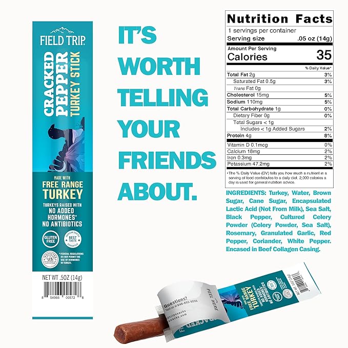 Field Trip Free Range Cracked Pepper Turkey Jerky Sticks, Keto, Paleo, Gluten Free, Allergy Friendly Snack, High Protein, 35 Calorie, 0.5oz, 24 Pack