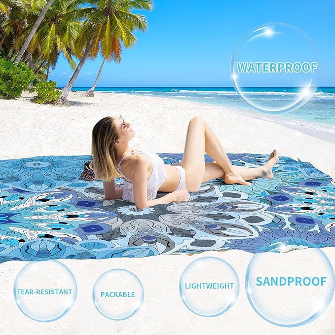 BYDOLL Beach Blanket Waterproof Sandproof 78''ร81'' Suits1-4 Adults Compact Lightweight Oversized Sand-Free Blanket Large Picnic Mat for Beach Travel Camping Hiking