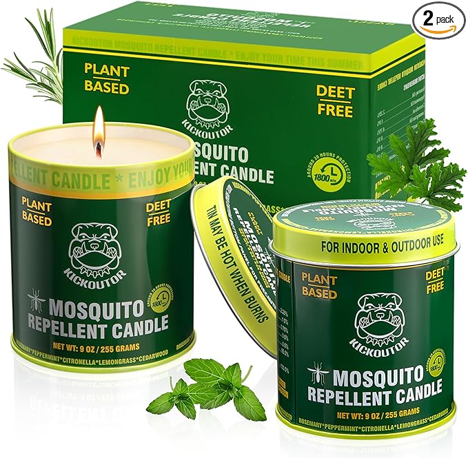 KICKOUTOR® Mosquito Repellent Citronella Candles Outdoor, 2-Pack | Total 18 Ounce 60-Hour DEET-Free Bug Protection for Patio Camping Picnic Backyard Room, Infused with 5 Plant Essential Oils