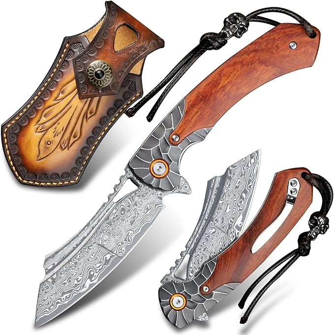 men's pocket knife Damascus Steel Handmade Folding Knife,3.5 in blade rosewood handle,with leather case ,Liner Lock Steel ball bearings,pocket clip ,EDC Camping Outdoor Survival Knife