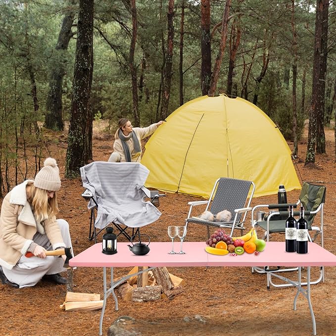 Portable Plastic Folding Table 4ft/6ft/8ft Heavy Duty White Black Picnic Dining Table Fold-in-Half for Camp Party Kitchen Indoor Outdoor (Pink, 8FT)