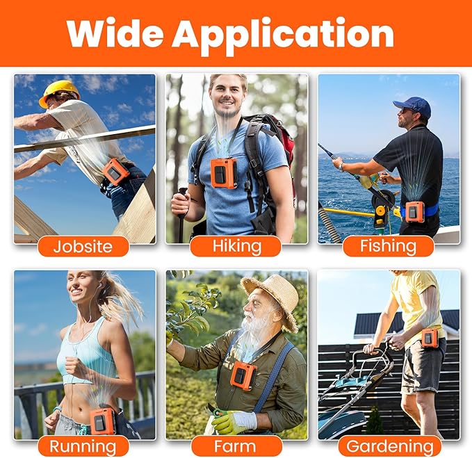Portable Waist Fan - 5 Speeds 18000RPM Strong Airflow 10000mAh Battery Powered 35H Cooling - Hands-Free Waist Neck Desk Fan with Flashlight for Outdoor Jobsite Camping, Orange