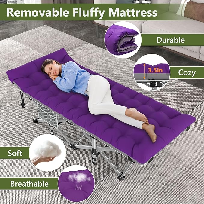 Slendor Folding Camping Cot with Mattress, 74" L x 28" W x 15" H Camp Cots for Adults, Portable Sleeping Cot Bed for Tent, Office, Travel, Max. 500lbs Load, Striated Gray Cot, Gray+Purple Pad