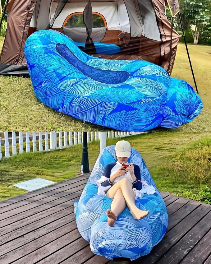 Inflatable Lounger Chair | Beach Camping Air Sofa Couch | Lightweight Lightweight Blow-Up Recliner for Outdoor, Travel, Hiking, Poolside & Music Festivals | with Folding Fan & Carry Bag