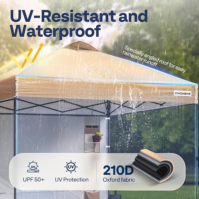 VIVOHOME 8x8ft Pop Up Canopy Tent with Sidewall and 6 Pockets, One Push Setup Outdoor Portable Shelter Tent Heavy Duty with Wheel Carry Bag and 4 Sandbags, Beige