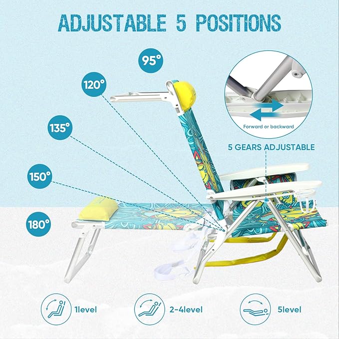 Reclining Beach Chair Backpack 5-Position Lay Flat Lounge Chair for Adults Heavy Duty Portable Folding Lightweight with Cooler Bag Camping Chair for Sand Outdoor