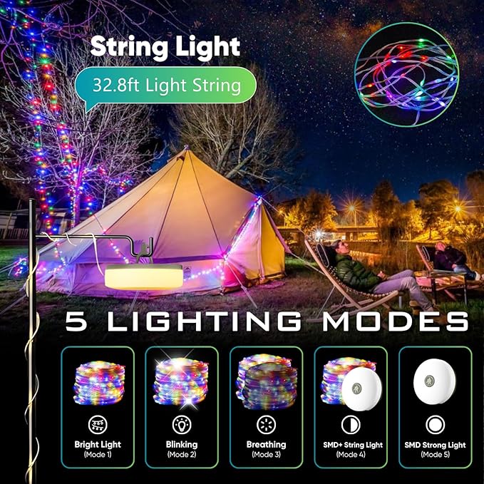 Camping String Lights - Outdoor Rechargeable Camp Lamp with 5+3 Modes, Portable Retractable, Waterproof LED, 32.8 ft, Camping Essentials Accessories