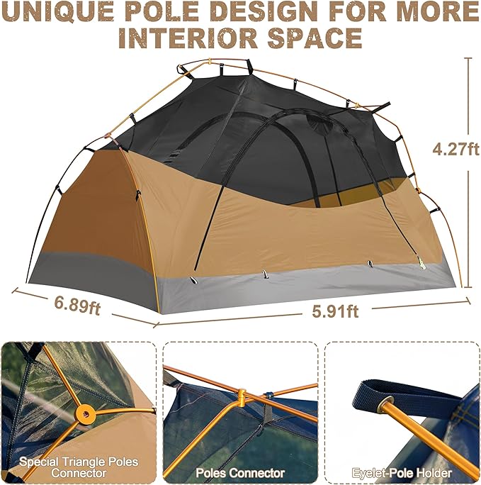 1-2 Person Backpacking Tent, Waterproof Windproof Two Person Tents for Camping & Hiking Double Doors Easy Setup UPF 50+ with 1 Vestibule