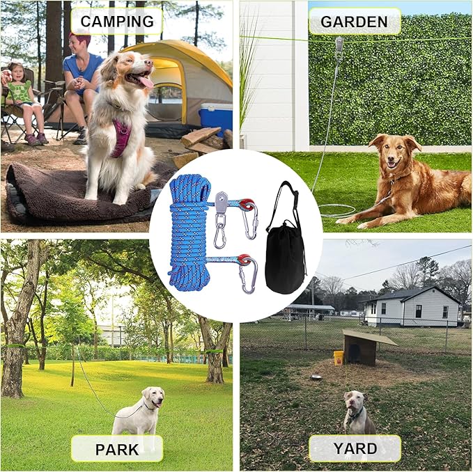 Dog Camping Essentials 50ft Portable Overhead Trolley System Pet Camping Leash for Dogs up to 200lbs Dog Runner for Yard Blue