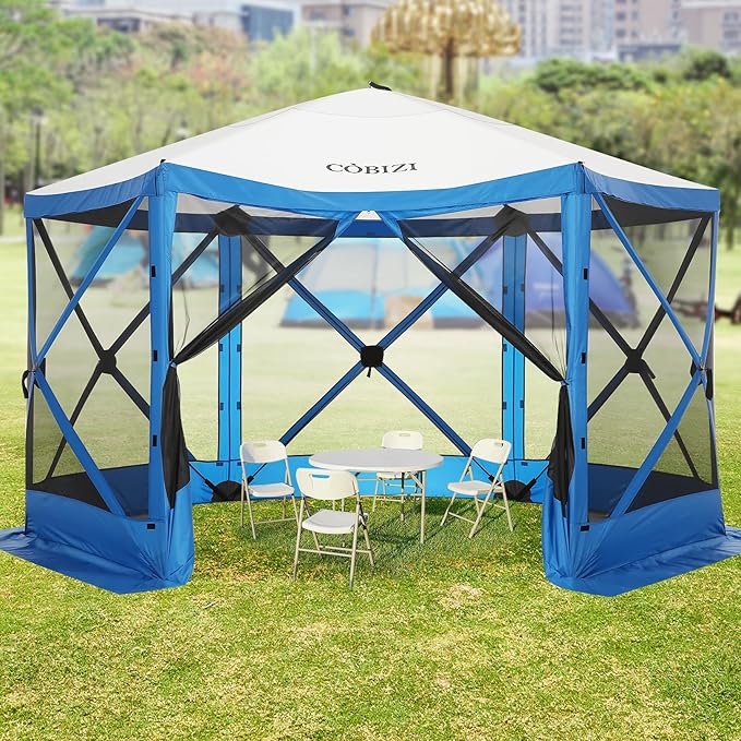 COBIZI 12x12ft Pop up Gazebo Screen House Tent for Camping, Camping Outdoor Screened Gazebo with Mosquito Netting, Portable Hub Tent with Carrying Bag and Ground Stakes, Blue(Upgraded 2.0)