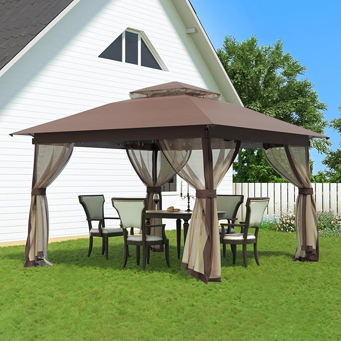 Auraway Instant Pop-Up Gazebo with Mosquito Net and Waterproof Double Roof - for Camping, Beach, Backyard; Easy Setup; Sun Shade with UV Protection (Chocolate) (13X13) (Chocolate, 13 * 13)