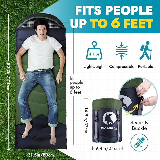 CANWAY Flannel Sleeping Bag for Adults & Kids - Camping & Backpacking - Cold & Warm Weather - Compression Sack