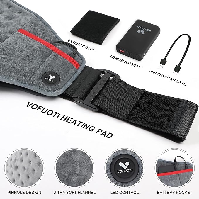 Vofuoti Cordless Heating Pad, Portable Heated Pad with Battery and 3 Heat Settings, Rechargeable Electric Heating Pads for Back, Abdomen, Gifts for Women Men