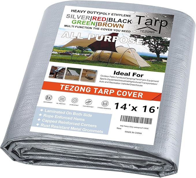 Tarps Heavy Duty Waterproof 14x16ft,TEZONG 12Mil Silver Tarp Plastic Tarpaulin Outdoor Tarp Cover for Emergency Rain,Patio Furniture,Wood,Roof,Camping,Car,Pool