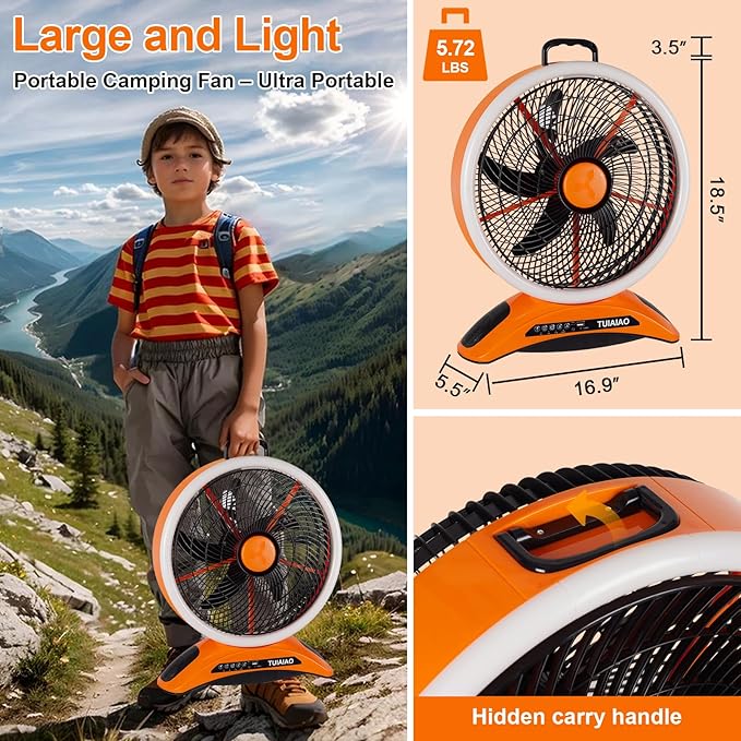 Big Size Camping Fan, 45000mAh Battery Rechargeable Portable Fan, 12-Inch Extra Large Blade & 830CFM Super Airflow, Ring LED, Cordless for Outdoor Large BBQ RV Tent Garage Hurricane Emergencies Indoor