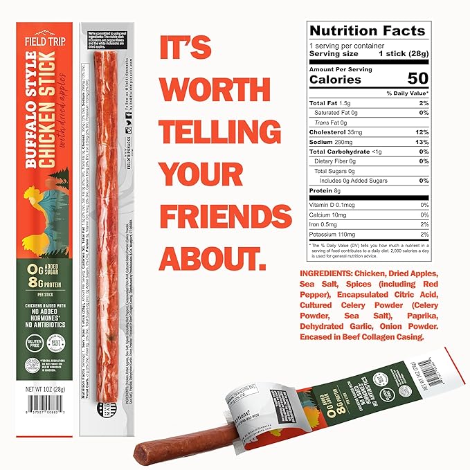 Field Trip Hormone Free Spicy Buffalo Chicken Jerky Snack Sticks, 0 Sugar, Keto, Paleo, Gluten Free, Allergy Friendly Snack, High Protein, 50 Calorie Snack, 1oz, 24 Pack