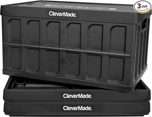 CleverMade Collapsible Storage Bins with Lids- Obsidian 3 Pack 62L - Plastic Containers Stackable Organization Crates Home Closet Space-Saving Durable