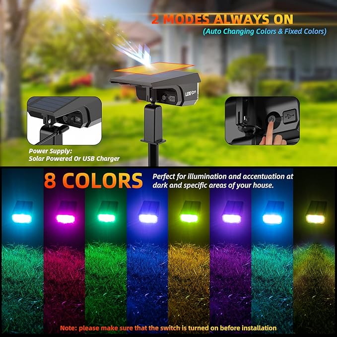 Solar Outdoor,40 LEDs Color Changing RGB Solar Landscape Path Lights,USB & Solar Powered Multicoloured Spotlights,14 Colors Auto Cycling Spotlights for Yard,Garden,2 Pack