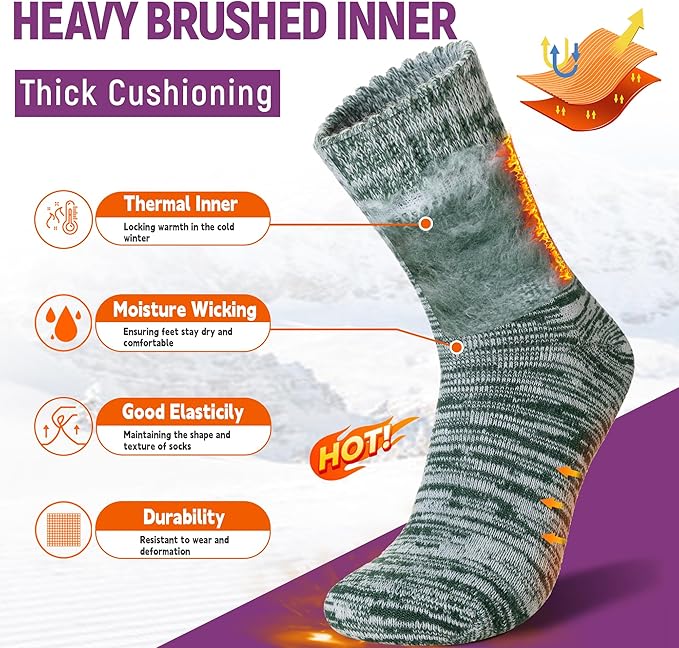 Women Heated Socks Ski Winter Thermal Hiking Snowboarding Thick Boot Insulated Socks 3 Pairs