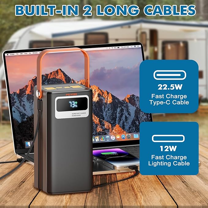 Portable Power Station 166Wh, 22.5W Fast Charging Power Bank with Built-in Cables for iPhone/Android/MacBook, 45000mAh Battery Solar Generator with LED Light for Camping & RV, Home, Travel