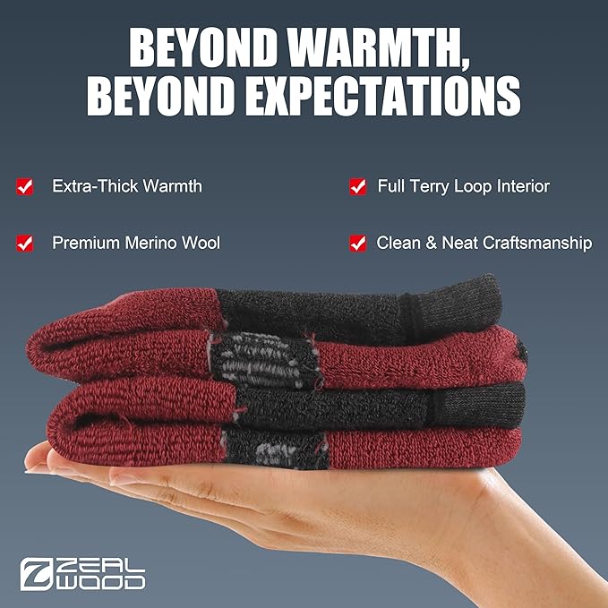 ZEAL WOOD Merino Wool Crew Hiking Socks for Women And Men with Full Cushion Moisture Wicking Walking Work Boot Socks