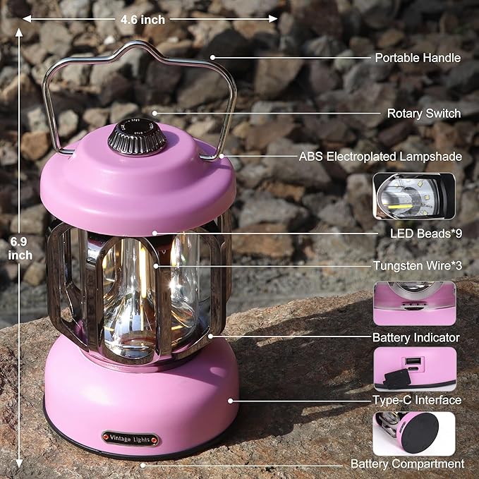 Rechargeable LED Camping Lanterns, 2000mAh Vintage Camping Lights Battery Operated Rechargeable , Hanging Retro Metal Hiking Tent Lamp for Emergency, Hurricane,Decoration,Home,Pink,2 Pack