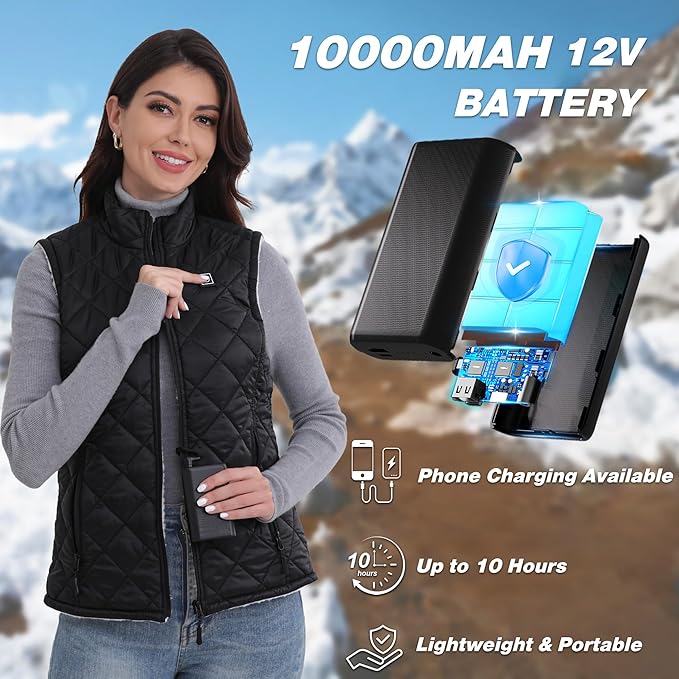 Heated Vest for Women with 12V 10000mAh Battery Pack, Women's Lightweight Electric Heating Vest Liner Winter Outdoor