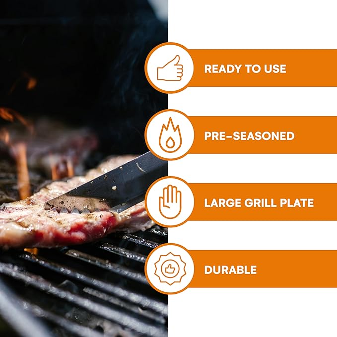 Bruntmor 2-in-1 Reversible Grill Plate - Pre-Seasoned Cast Iron Griddle Pan for Gas Stovetop, Oven, or Open Fire - 17x10-Inch Rectangular Double Sided Flat Pan for Camping, Roasting, and Grilling