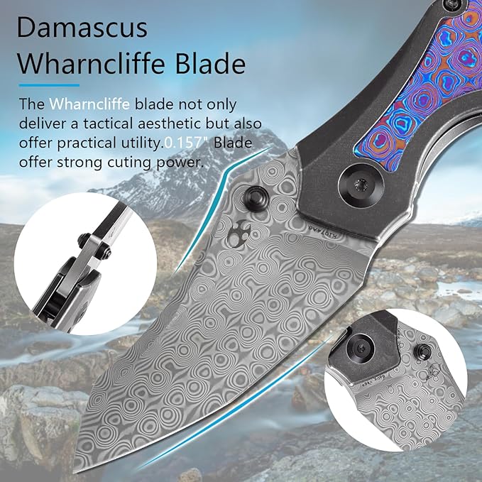 KANSEPT Baba Yaga Pocket Folding Knives for Men Women Camping Hiking Folding Knife 3.06'' Satin Damascus Blade EDC Knife with Titanium Timascus Inlay Timascus Clip Handle Everyday Carry K1074A8
