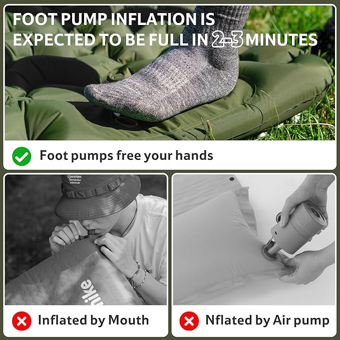 Naturehike Camping Sleeping Pad, Ultralight Inflatable Sleeping Mat with Pillow Built-in Foot Pump, 2.6 Inch Lightweight Air Mattress for Backpacking, Hiking, Traveling (Green)