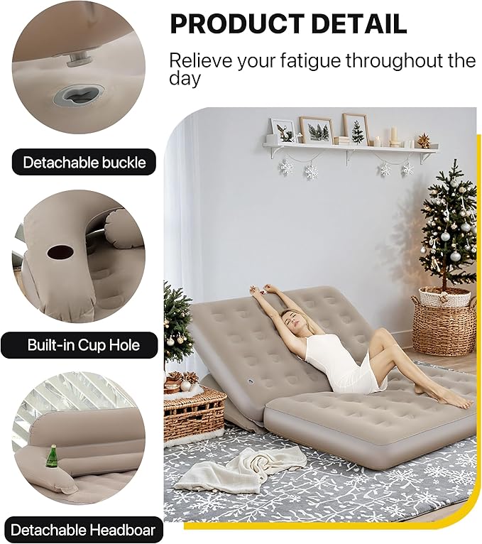 JEASONG Inflatable Chair Air Couch with Air Pump, Camping Air Mattress Blow Up Inflatable Sofa Bed with Backrest, Multi-Mode Use, Easy to Storage