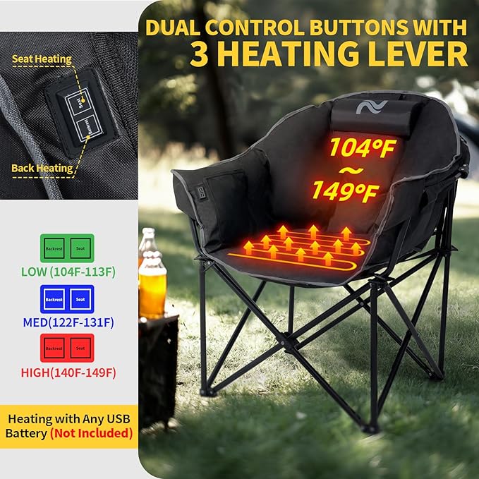 NAIZEA Heated Camping Chair, Oversized Heated Folding Outdoor Chair for Adults with 3 Heat Levels, Portable Foldable Patio Lounge Chair for Sports Outdoors Camp, Battery NOT Included